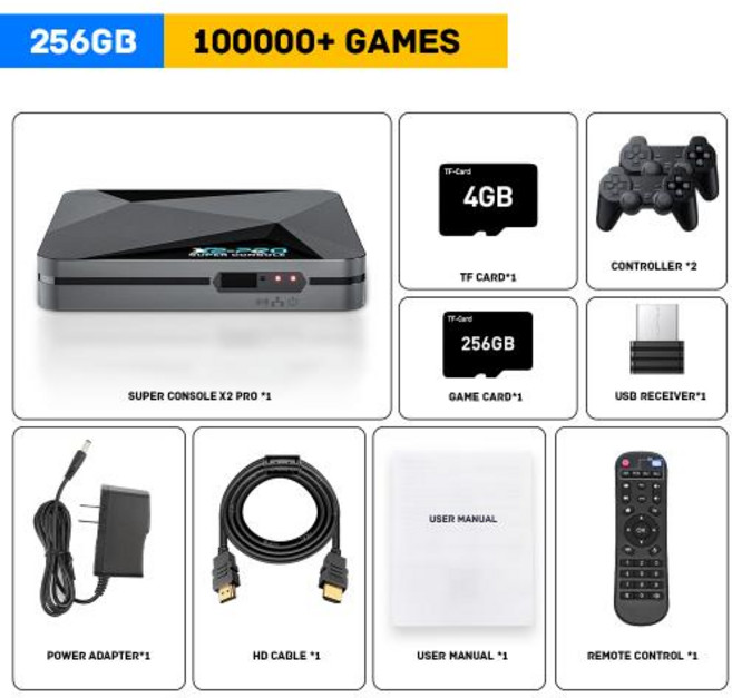 휴대용 레트로 게임기 가정용 고전 오락실 슈퍼 콘솔 X2 Pro 비디오 게임 100000 + MAME/ARCADE/Sega Saturn/DC 4K HD용, 1개