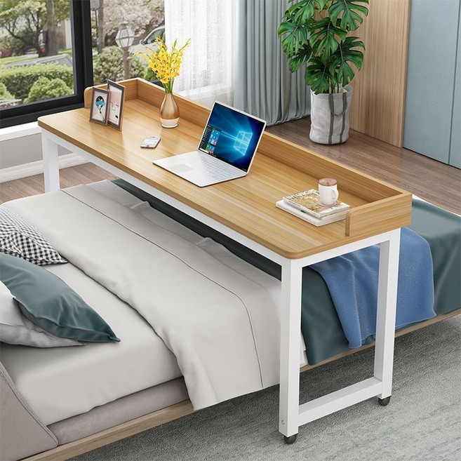 1인용 이동식 간이 침대 테이블 거실 침실용 바퀴 달린 보조 공부 책상, 가드 있음, 옐로우 + 화이트