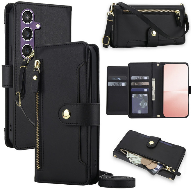 삼성 갤럭시 S26 S25 FE Edge Plus Ultra 적용 크로스바디 PU 가죽 지갑형 폰 케이스 손목 스트랩 카드 수납 지퍼 포켓 RFID 차단 킥스탠드 커버