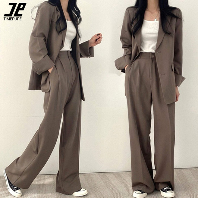 여성 정장 상하세트 와이드 캐주얼 블레이저 오피스 투피스 긴팔 롱자켓 밴딩 하이웨스트 슬랙스 팬츠 셋업 하객룩 출근룩