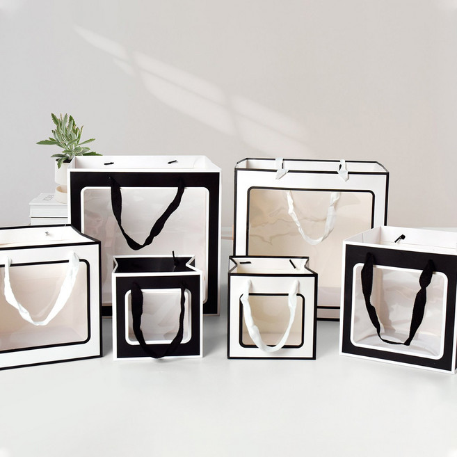 블랙엣지 화이트엣지 단색 무지 투명창 선물 꽃가게 쇼핑백 심플 사각형 종이 쇼핑백 5매/10매, 5매, 블랙