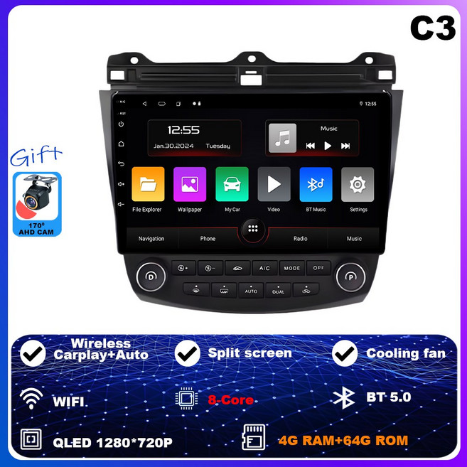 어코드 7세대 2003-2008 용 4G WIFI 안드로이드 15 카 라디오 멀티미디어 플레이어 내비게이션 GPS 스테레오 무선 카플레이 자동차 DSP, R4-64 AHD CAM 2