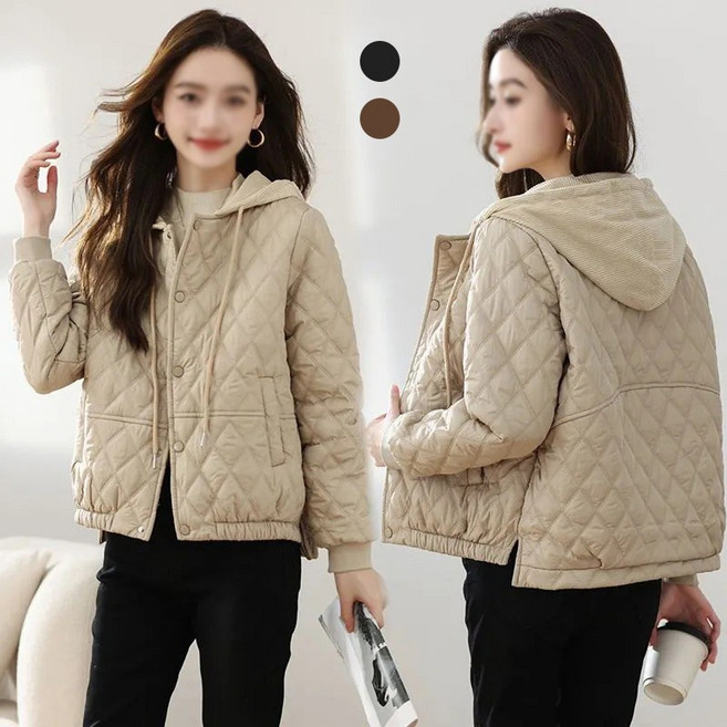 JUSTFEELING 패션 여성 쇼트 솜패딩자켓 후드 가을 겨울 아우터 크롭 자켓 초경량깔깔이 아가일 얇은 패딩 코트 점퍼 75kg까지