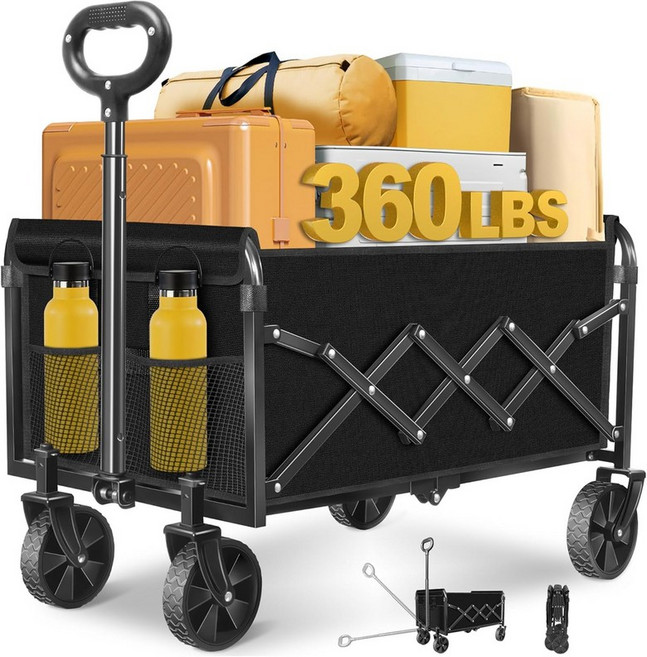 접이식 마차 카트 전지형 바퀴와 컵 홀더 2개가 있는 해변 캠핑 식료품 스포츠 가든용 경량 휴대용 360파운드블랙, Black 01, 360 LBS