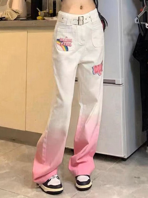 아메리칸 ins 빈티지 그라데이션 핑크 자수 데님 팬츠 여 여름 하이웨스트 와이드 일자 슬랙스