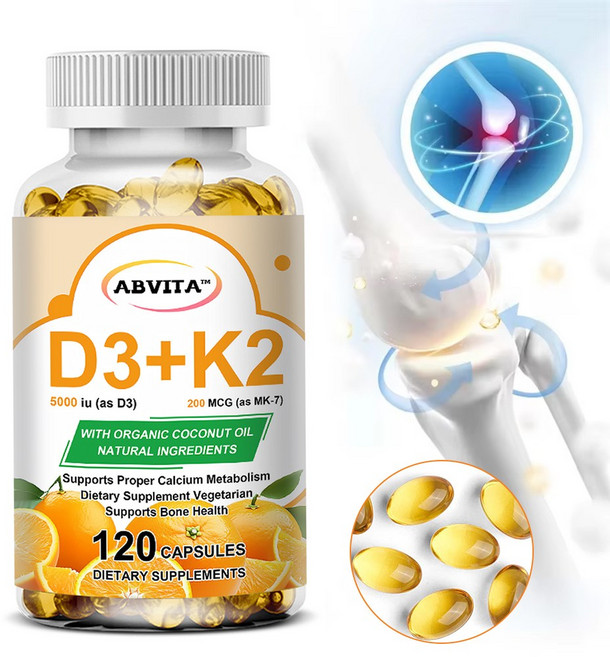 비타민 D3 K2 5000IU 120캡슐 고함량 MK-7 200mcg 뼈 건강 칼슘 대사 영양제, 1개, 60정