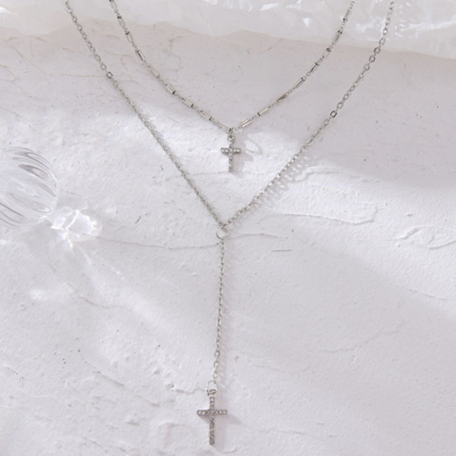 십자가 큐빅 목걸이 두줄 레이어드 체인 목걸이