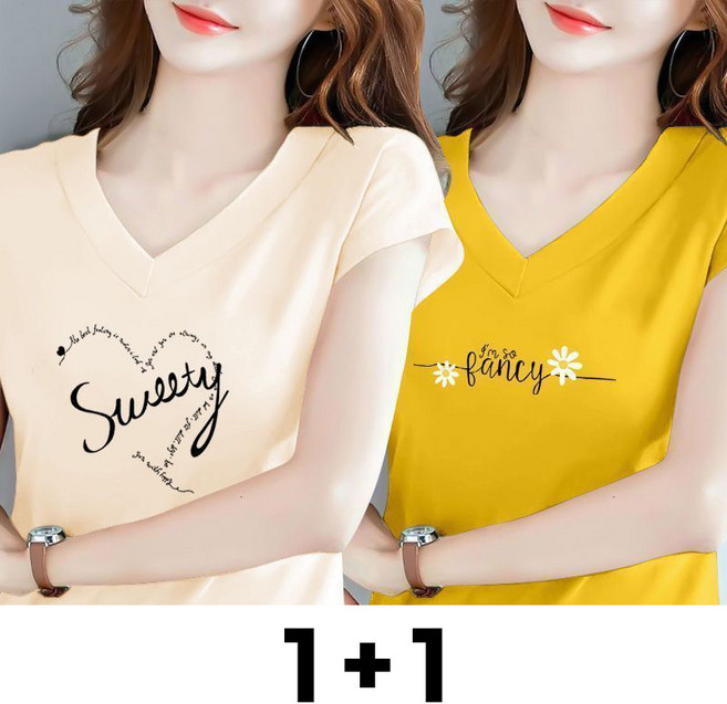 메인워크 1+1 중년 여성 빅사이즈 브이넥 반팔 티셔츠 여름용 엄마룩 냉장고 패션 스판 루즈핏 데일리 쿨링 아우터 상의 2매입