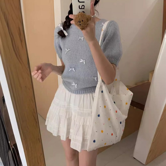 PETITBATH 봄여성용20대여성부드러운보송크롭리본포인트라운드넥니트반팔탑데일리러블리핑크캐주얼룩 WH 3643