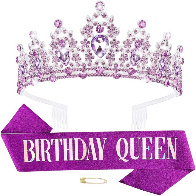 블루밍가든 결혼식 보석 다이아 왕관 티아라 & 어깨띠, 보라