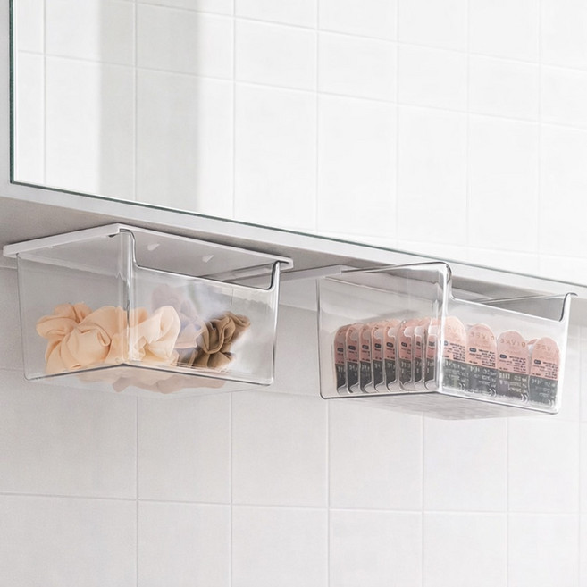 모디홈 부착식 서랍 무타공 책상 히든 수납함, 2개, 투명화이트