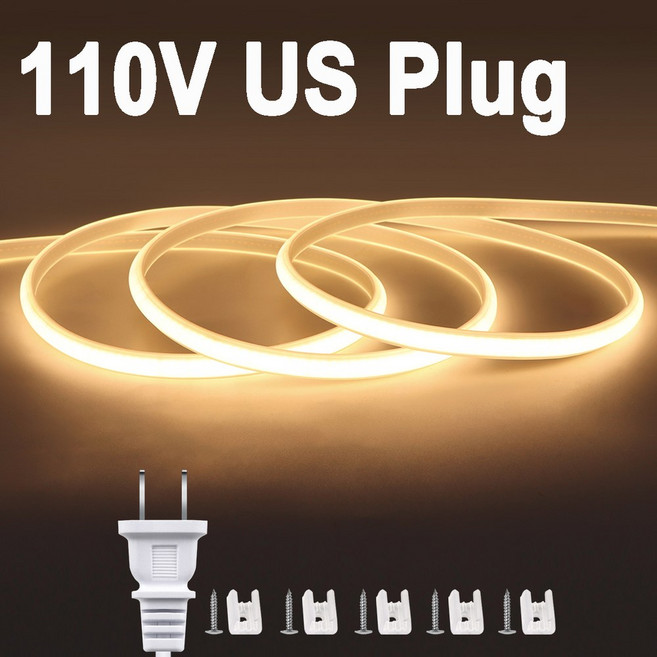 COB LED 스트립 라이트 110V IP65 방수 슈퍼 브라이트 10mm 선형 조명 CRI90 테이프 리본 홈 데코 220V, US Plug Warm White, 1m