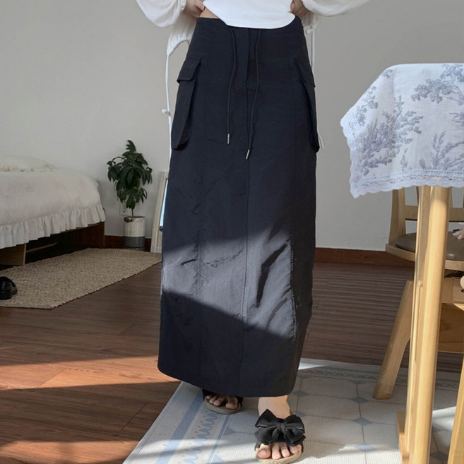 쏘옷 여성용 꾸안꾸 스트링 나일론 카고 롱 스커트