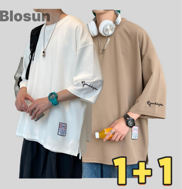 Blosun 남자 1+1 반팔티셔츠 2장 세트 트렌드 반팔 남성 반팔티 클래식 티셔츠 여름 빅사이즈 7부 소매