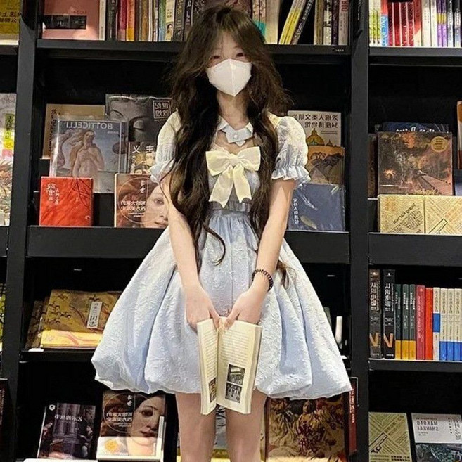 티류으스 여성 공주풍 로리타 미니 드레스 양복 스타일 리본 퍼프 드레스 룩 파티 드레스 ZH