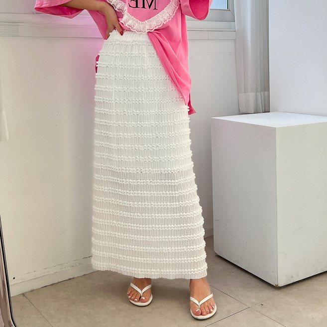 (당일출고) 프릴 레이스 링클 스판 캉캉 H라인 밴딩 롱 스커트 2color