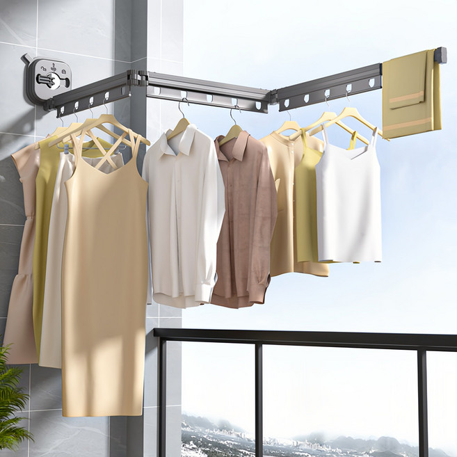 벽걸이 접이식 빨래건조대 다단 신축 빨래대 베란다 실내 대용량 하중강화형, 회색