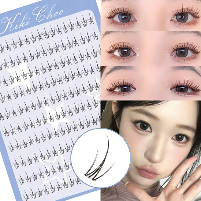 kikichoo 노글루 속눈썹 자연스러운 투명라인 포인트 아이래쉬 9+10+11mm 풀 필요없음 180모 대용량, 1개, 블랙