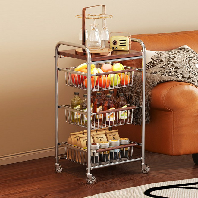 Seekfun 고급 트롤리 슬라이딩 이동식 다층 다용도 시스템 멀티 우드상판 튼튼한 철제 바구니 선반 정리, 4단