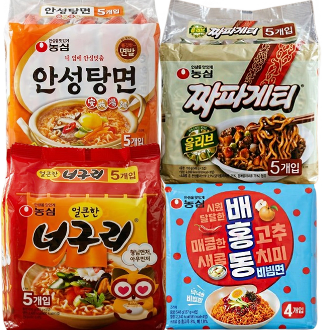 안성탕면 5입 + 너구리 5입 + 짜파게티 5입 + 배홍동 4입, 19개