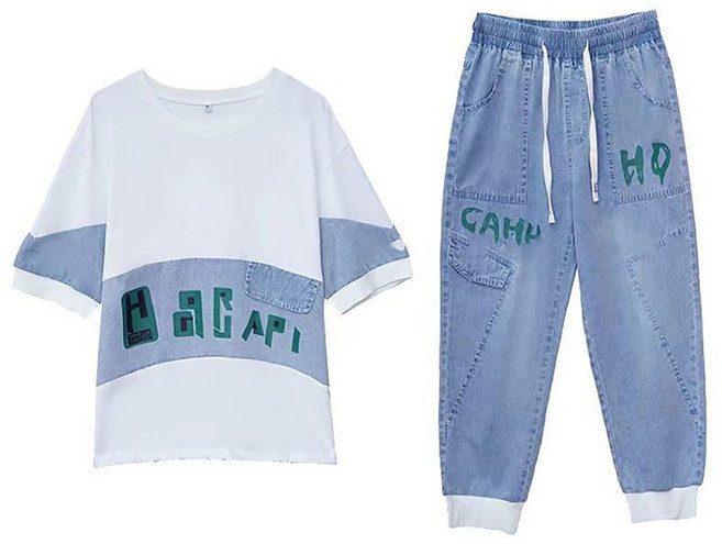 셀럽당 여성 세트 패션 데님 패치 여름 루즈 캐주얼 투피스