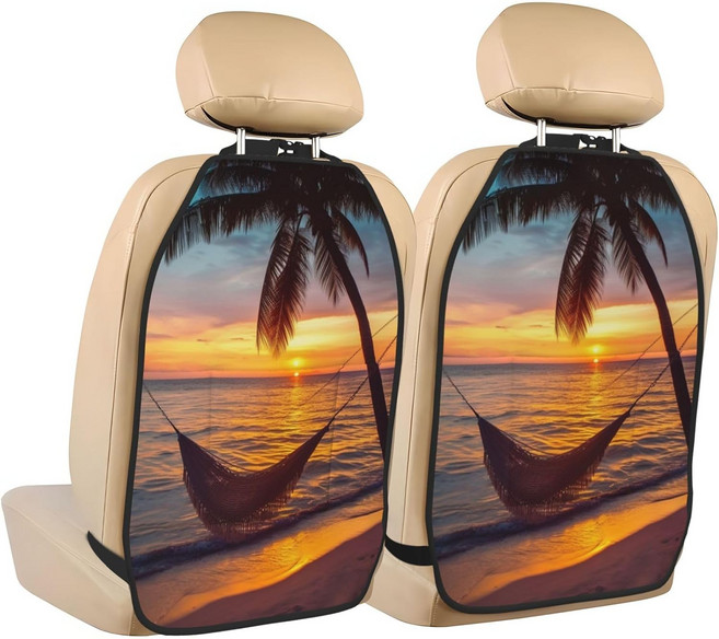 코코넛 비치 선셋 해먹 킥 매트와 오거나이저 - 2팩 뒷좌석 보호대 카시트용 개인 맞춤형 발차기 방지 보관 매트 헤비 듀티 방수 카 장식 액세서리