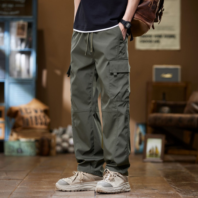 wassup 남자 카고바지 여름용 일자핏 얇은 옷 널찍하다 남성 작업복바지 밴딩 슬랙스