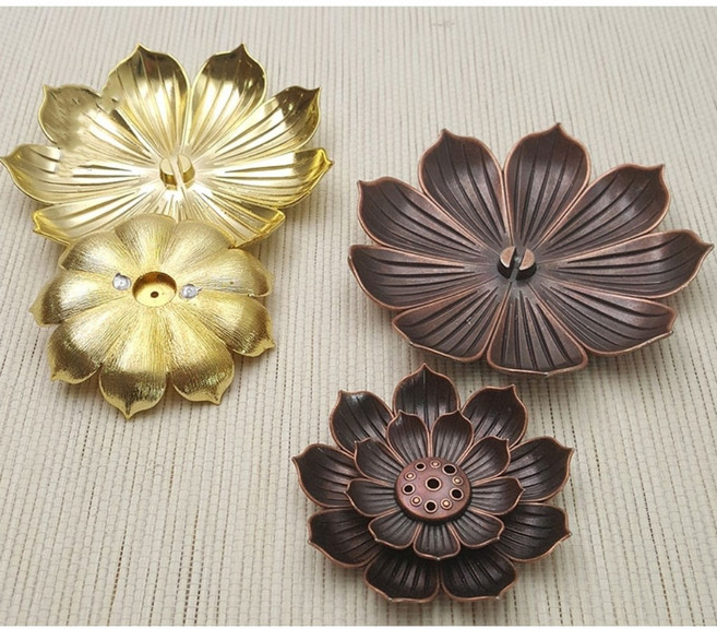 合金蓮花多孔香插 線香/盤香通用 二件式, 古紅銅色