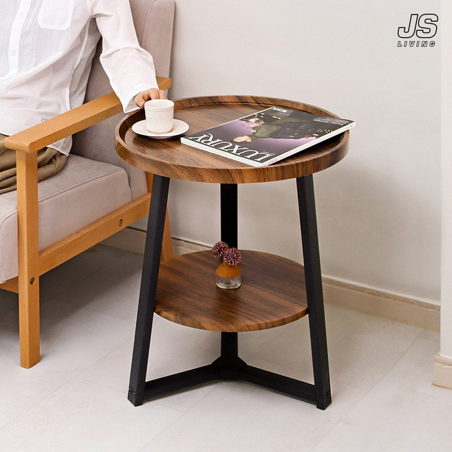 JS리빙 소파 사이드테이블 거실 인테리어 노트북 틈새 간이 협탁 침대 미니 베드 테이블 티테이블 침실 2단 선반 원목 협탁 심플 원형 보조 탁자 JSLIVING_SIZE:50*60, 우드블랙