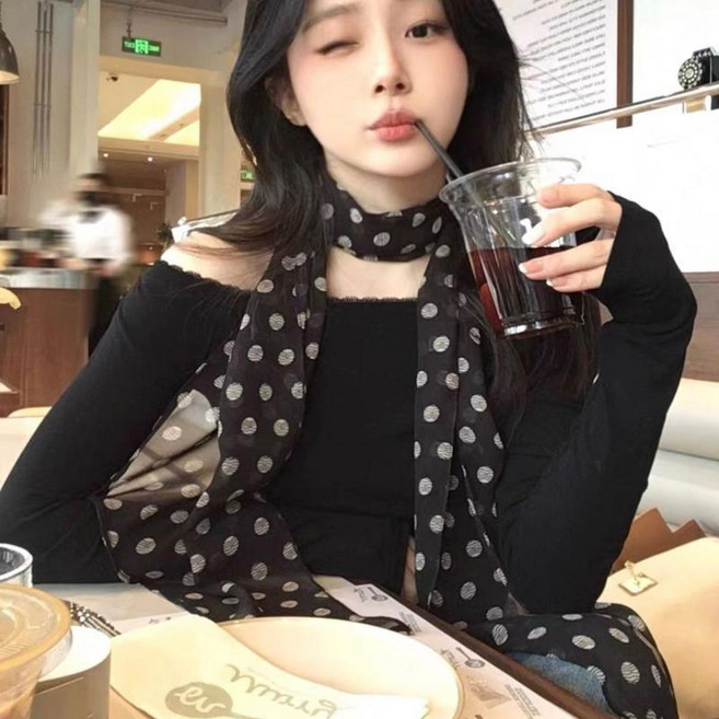 超值 棕色法式波點絲巾印花搭配飾系脖女髮帶長條圍巾 副廠商品