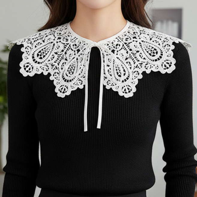 여성 로맨틱 레이스 프릴 리본 레이어드 페이크 카라 넥케이프 F670