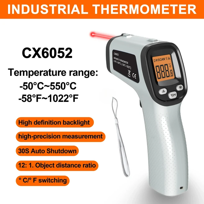 CX6050 산업용 적외선 온도계 -50 ℃ ~400 ℃ (-58 ℉ ~752 ℉ 비접촉식 온도계(12:1 D:S 비율) ℃ / ℉, 1개, 02 CX6052