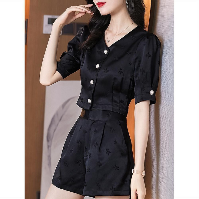 Yanrz 여자 여름 실크 세트 브이넥 상의+반바지 투피스