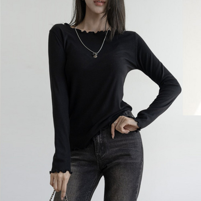 [나크21] (55~88) 여성스러운 프릴 네크라인 스판 긴팔티 이너티 자제체작 KO53-T-09