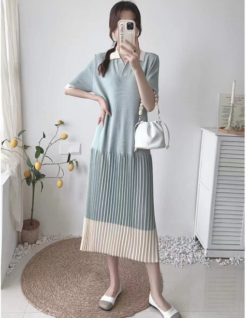 [베리트] 브이넥 반팔 니트 롱 원피스 드레스 VT-830