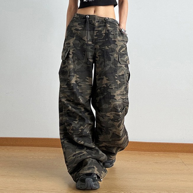 델루비오 여성 카고 와이드 카모 팬츠 학생 스트릿룩
