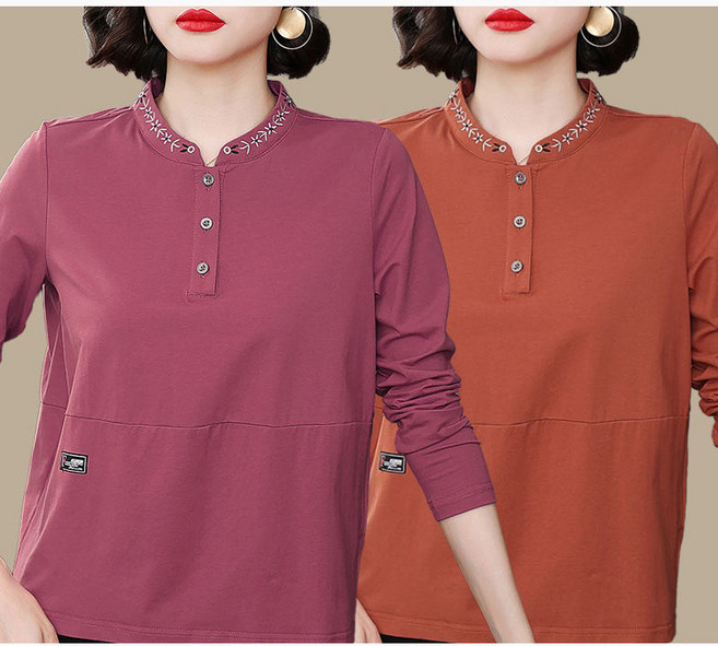 1+1 중년 여성 긴팔 티셔츠 봄 가을 순면 패션 엄마 상의 루즈핏 라운드넥 긴팔티 캐주얼 데일리 중년 엄마옷 차이나넥 자수 기질 상의 이너 YMY