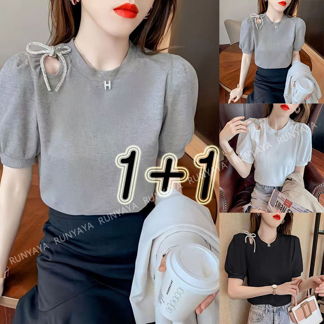 RUNYAYA 1+1 퍼프소매 반팔티 패션 여성의류 여름티 날씬해보이는 세미 어꺠트임 반팔 티셔츠 상의 ~3xl까지