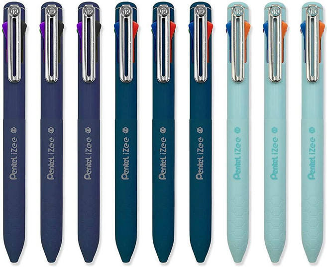 Pentel iZee 4색 볼펜 - 딥 블루 바이올렛 및 스카이 블루 배럴 멀티 잉크 9개 팩 192708, Pentel iZee 4색 볼펜 - 딥 블루, 바이올렛