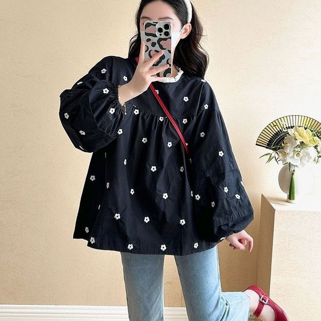 임산부 봄 가을 긴팔 티셔츠 플라워 자수 루즈핏 임부 블라우스 캐주얼 임부복 상의 YLP