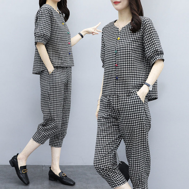 AOKADA 여성 오버핏 체크 반팔 셔츠 조거 팬츠 투피스 여름 셋업 티셔츠 7부 바지 엄마옷 40 50 대 상하의 세트