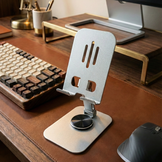 에브리센스 풀메탈 360도 접이식 탁상용 핸드폰 태블릿 거치대, 1개, 실버