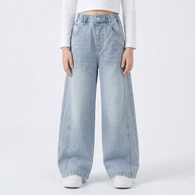 지디오 주니어 여아 와이드 청바지 밴딩 워싱 데님 팬츠 봄 초등학생 긴바지