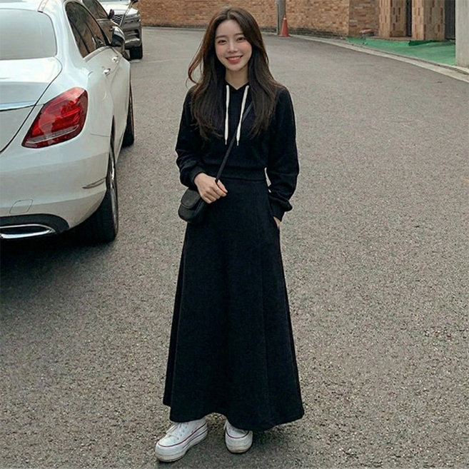 데일로엔 여성 스트링 후드 롱 원피스 세트