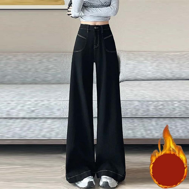 besteffie 여성 고급스러운 겨울용 와이드핏 데님 팬츠 따뜻한 기모안감 부츠컷