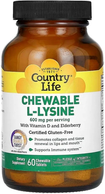 컨트리라이프 츄어블 L라이신 LLysine 비타민D 엘더베리 함유 탱기오렌지트위스트 60정, 120g, 1개 - 쿠팡
