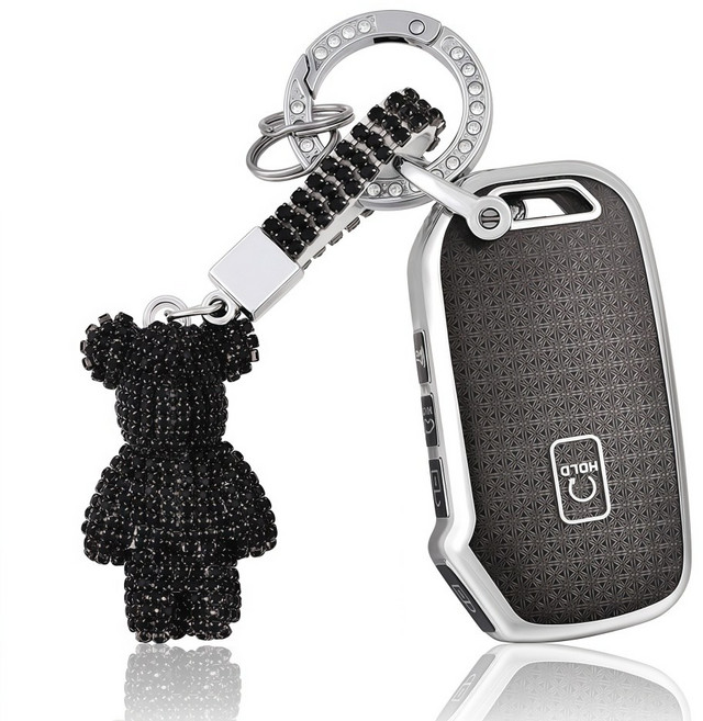 OFFCURVE 기아차 5버튼 큐빅곰돌이 차키 TPU 키커버 호환 스포티지 셀토스 쏘렌토 카니발 K5 반짝이 보석 디자인 키홀더, 블랙과 실버