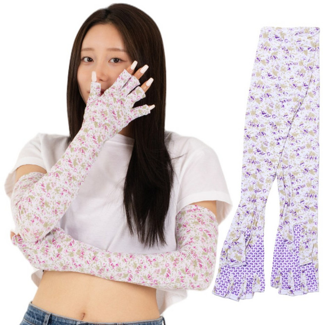 위키란쥬 여름 꽃무늬 골프 여성 자외선차단 냉감 팔토시 손가락 손등 쿨토시, 보라색 양손, 1세트