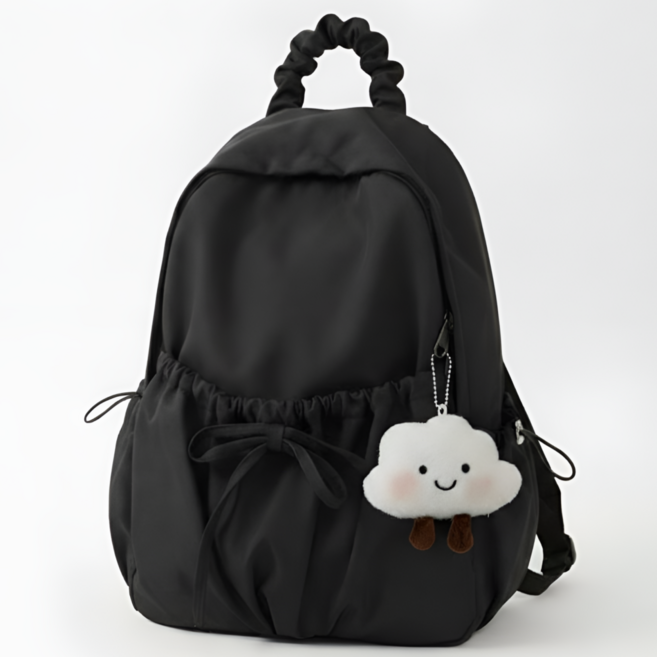 펀베스트 여성 나일론 셔링 백팩 리본 포인트 데일리 가방 키링 세트