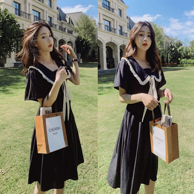 ANYOU여름원피스 데일리룩 학원풍 롱원피스 패션반팔플리츠원피스프릴 블랙 원피스 데일리 통근에도 입기 좋은